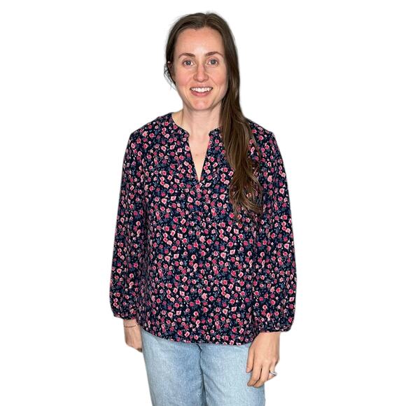 J CREW Blue Pink Floral Pattern Open Neck Popover Blouse Women's Size Medium - Picture 1 of 7